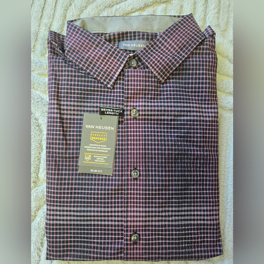 Van Heusen Men's Purple and Black Plaid Button Up Shirt Size Large NWT - Picture 1 of 9